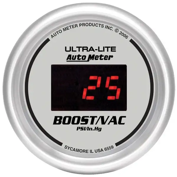 AutoMeter Ultra-Lite 2-1/16in 30INHG-30PSI Digital Silver Dial Vacuum/Boost Gauge w/ Red Led (6559)