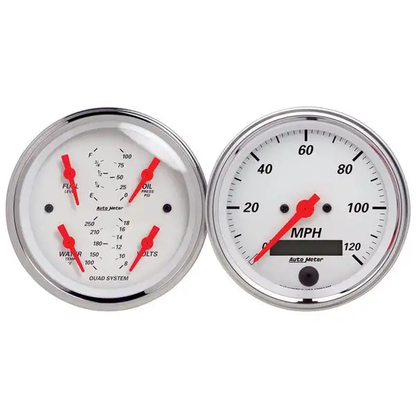 AutoMeter Arctic White 3-3/8in Kit Box w/Elec Speedo Elec Oil Press, Water Temp, Volt, Fuel Level (1308)