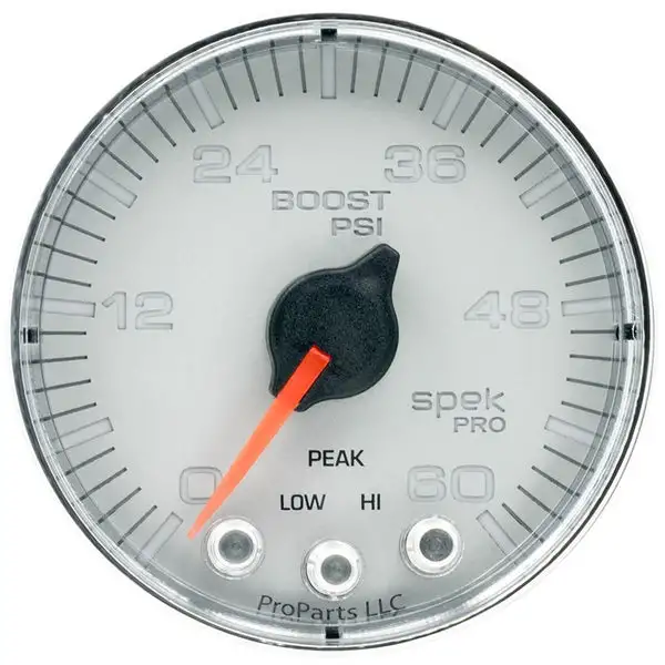 AutoMeter Spek-Pro Gauge Boost 2 1/16in 60psi Stepper Motor W/Peak and Warn Slvr/Chrm (P304218)