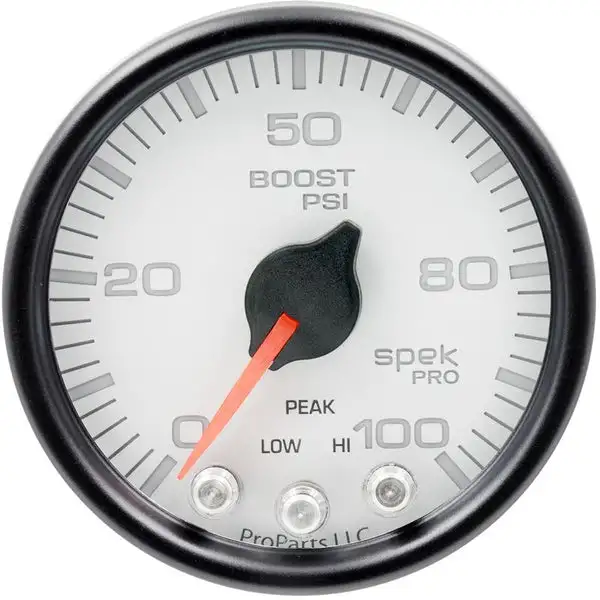 AutoMeter Spek-Pro Gauge Boost 2 1/16in 100psi Stepper Motor W/Peak and Warn Wht/Blk (P30512)