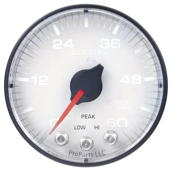AutoMeter Spek-Pro Gauge Boost 2 1/16in 60psi Stepper Motor W/Peak and Warn Wht/Blk (P304128)