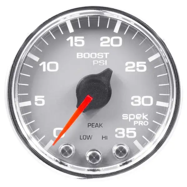 AutoMeter Spek-Pro Gauge Boost 2 1/16in 35psi Stepper Motor W/Peak and Warn Silver/Chrome (P30321)