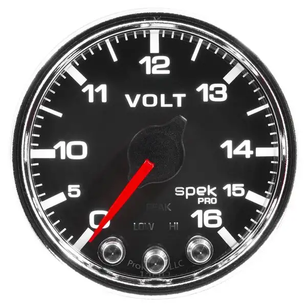AutoMeter Spek-Pro Gauge Voltmeter 2 1/16in 16V Stepper Motor W/Peak and Warn Blk/Chrm (P34431)
