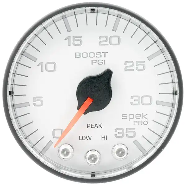 AutoMeter Spek-Pro 2 1/16in 35PSI Stepper Motor W/Peak & Warn White/Black Boost Gauge (P303128)
