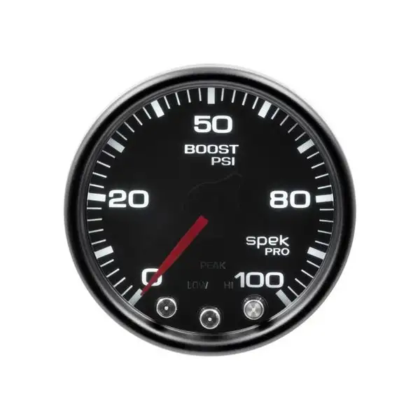 AutoMeter Spek-Pro Gauge Boost 2 1/16in 100psi Stepper Motor W/Peak and Warn Blk/Smoke/Blk (P30552)